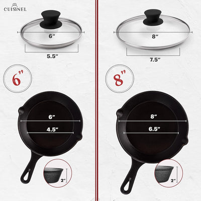 6"+8"+10+12"-Inch Cast Iron Skillets Set + Glass Lids + Silicone Handle Grips - Pre-Seasoned Frying Pan - Oven Cookware - Use Indoor/Outdoor, Grill, Stovetop, Fire, Camping, Kitchen