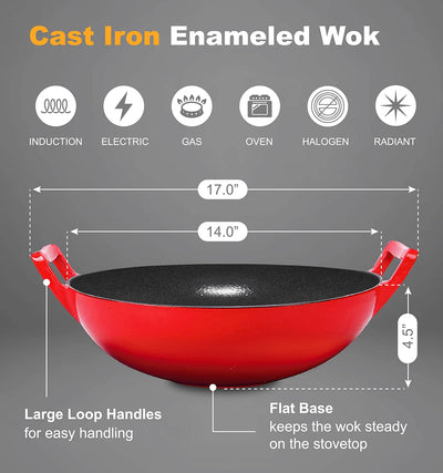 14 Inch Enameled Cast Iron Wok/Pot. 14" Nonstick Enamel Skillet Pan with Large Loop Handles & Flat Base. Cookingware for Kitchen/Indoor/Outdoor Camping. (Red)