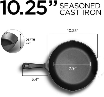 10.25 Inch Preseasoned Cast Iron Skillet, Cast Iron Pan with Dual Pour Spouts
