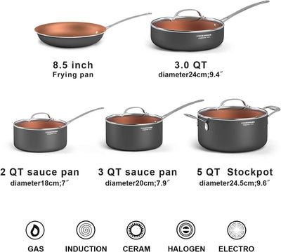 10-Piece Pots and Pans Nonstick Copper Coated Induction Pot and Pan of Frying Pan Sautepan Stockpot Saucepans with Lids and Food Steamer Black