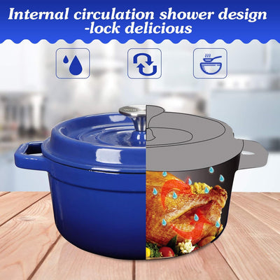 Enameled Cast Iron Dutch Oven Bread Baking Pot with Lid (2QT, Blue)