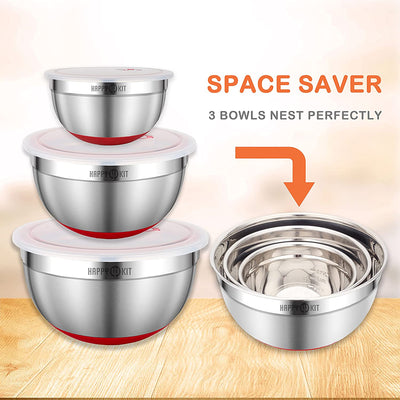 Stainless Steel Mixing Bowl with Lids, Set of 3 with 1.5/3/5 QT , Stackable and Space Saving Design, with Anti-Skid Silicone Base and Air Hole Cover