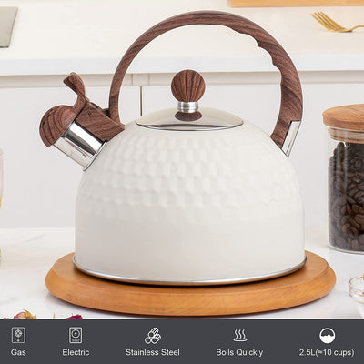 Whistling Stainless Steel Tea Kettle with Wood Grain anti Heat Handle, Cylindrical Wood Grain Stainless Steel Cover, 2.6 Quart/2.5 Liter, Beige