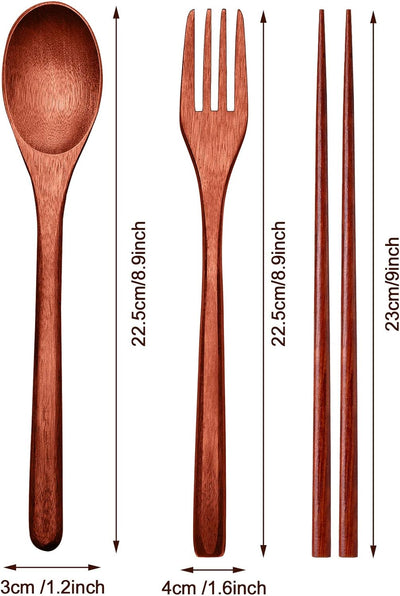 Wooden Flatware Set Natural Wooden Cutlery Set Chopsticks Spoon Fork Set Long Handle Utensils Set Reusable Japanese Style Tableware Set for Kitchen, Home, Camping, Picnic (18)