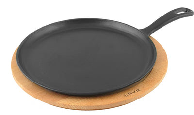 Lava Enameled Cast Iron Pizza Pan-Crepe and Pancake Pan 10 Inch-With Beechwood Service Platter