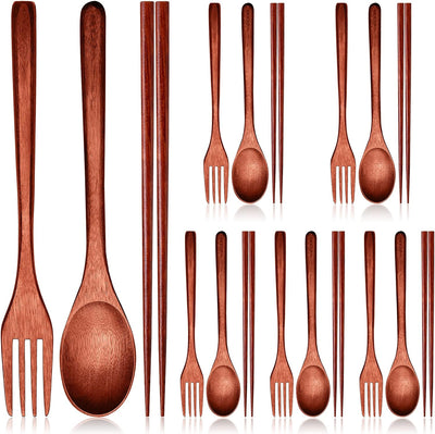 Wooden Flatware Set Natural Wooden Cutlery Set Chopsticks Spoon Fork Set Long Handle Utensils Set Reusable Japanese Style Tableware Set for Kitchen, Home, Camping, Picnic (18)