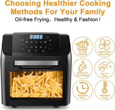 Air Fryer Oven, 13 QT/1500 W Convection Air Fryer Toaster Oven, 10-In-1 Dedicated Cooking Functions Airfryer with LED Touch-Screen Panel/Deluxe Accessories, Oilless Countertop Oven for Air Frying, Rotisserie, Dehydrating and Baking