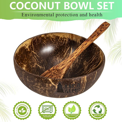 Coconut Bowl and Wooden Spoon Set- Vegan Organic Salad Soup Smoothie Bowl for Gift - Polished Buddha Bowl for Kitchen Utensils, Dark Brown, 5×2.55 (Coco-2)