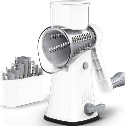 Cheese Grater, Latest Upgrade 5 in 1 Rotary Cheese Grater, Graters for Kitchen with 5 High-Quality Stainless Steel Drum Blades, Easy to Clean Cheese Shredder for Fruit,Vegetables,Nuts-White