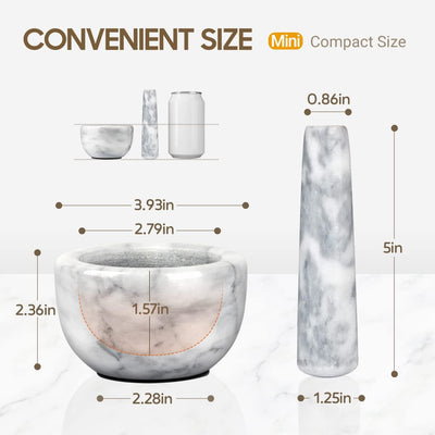 Mortar and Pestle Set Marble Small Bowl Solid Stone Grinder Spice Herb Grinder Pill Crusher White, Diameter 3.93"
