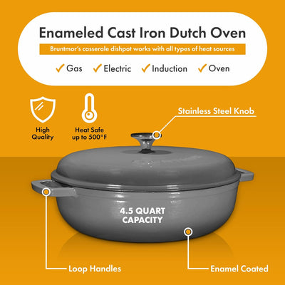 4.5 Quart Pre-Seasoned Enameled Cast Iron Dutch Oven with Dual Handles and Lid, Grey Cast Iron Skillet, Shallow Cookware Braising Pan for Cast Iron Casserole Dish, Crock Pot Covered