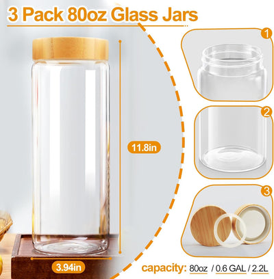 Airtight Glass Jars with Screw on Bamboo Lids, 3Pcs 80Oz Kitchen Glass Canisters Sets for Countertop and Pantry, Glass Food Storage Containers with Lids for Cookie, Pasta, Cereal, Flour Sugar