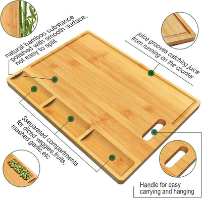 Cutting Boards,Large Bamboo Chopping Board, Built-In 3 Compartments and Juice Grooves, Charcuterie Board for Kitchen Counter Meat (Butcher Block) Cheese, Vegetables,Bread (17 X 12.6")