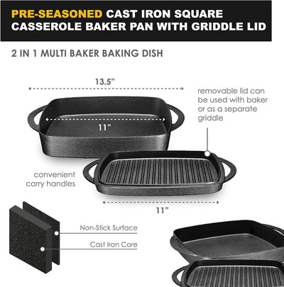 2-In-1 Pre-Seasoned Square Cast Iron Dutch Oven with Dual Handles, Non Stick Pan with Grill, Casserole Dish with Lid for Braising Dishes, Crock Pot Covered with Cast Iron, Oven Safe Skillet