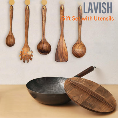 Wok Pan 12.5" Carbon Steel Wok Stir Fry Pan with Lid, Flat Bottom Chinese Wok Set with 6 Utensils Cookware Accessories for All Stoves