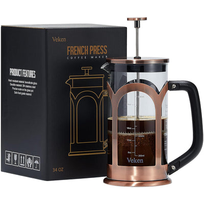 French Press Coffee & Tea Maker, 304 Stainless Steel Heat Resistant Borosilicate Glass Coffee Press, Durable Easy Clean 100% BPA Free,34Oz,Copper