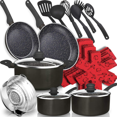 Non-Stick Coating, Cookware Pots and Pans Set, Frying Pan, Skillet, Stock Pot, Sauce Pan, Deep Frying, Casserole Pan, Stainless Steel Steamer (21 Piece Metal Grey / Marble)