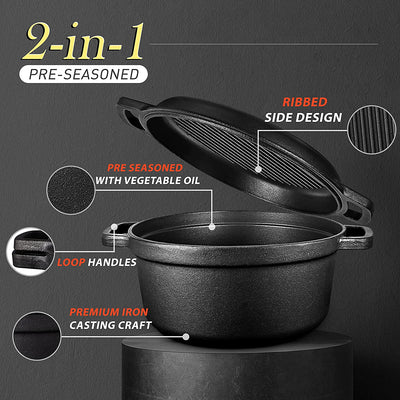 Pre-Seasoned Cast Iron 2-In-1 Heavy-Duty 5.5Qt Dutch Oven with Skillet Lid Set, Oven,Grill, Stove Top, BBQ and Induction Safe