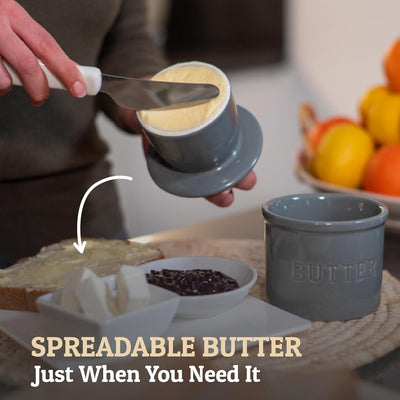 Butter Crock with Lid, on Demand Spreadable Butter, French Butter Keeper to Leave on Counter with Water Line, Ceramic French Butter Dish, Grey