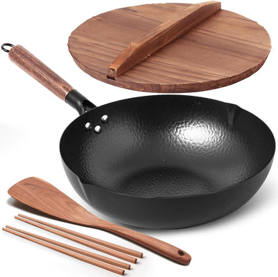 Wok Pan with Lid, 13" Saute Pan Carbon Steel Wok with Wooden Spatula & Chopsticks, Wok with Wooden Handle, Flat Bottom Chinese Stir Fry Wok, Wok Set with Cooking Utensils, Frying Pan for All Stoves