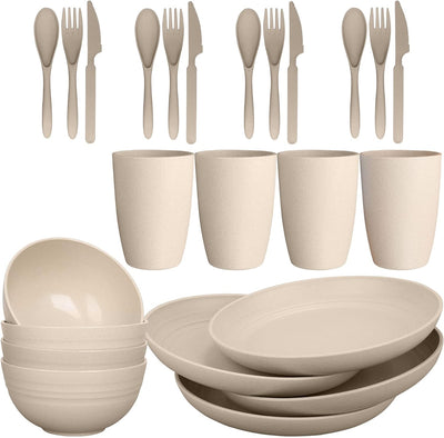 Luckyzone Wheat Straw Dinnerware Sets for 4 - Lightweight Plates, Bowls Cups & Cutlery - Reusable Dinner Camping Picnic Dishes - Dishwasher Microwave Safe, Eco Friendly (24Pcs/Beige)