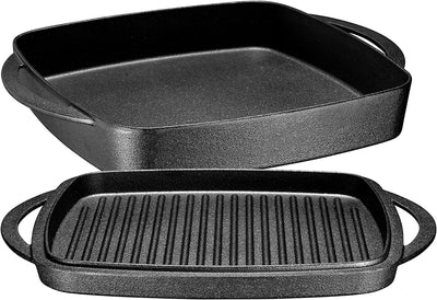 2-In-1 Pre-Seasoned Square Cast Iron Dutch Oven with Dual Handles, Non Stick Pan with Grill, Casserole Dish with Lid for Braising Dishes, Crock Pot Covered with Cast Iron, Oven Safe Skillet