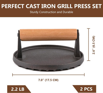 Cast Iron Bacon Press Set of 2, Heavy Duty 7'' round Grill Press Steak Weight with Wooden Handle for Meat, Burger, Panini, Perfect for Grilling and Griddle Cooking, Ideal Gift for Chefs Cooks