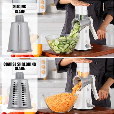 Cheese Grater, Latest Upgrade 5 in 1 Rotary Cheese Grater, Graters for Kitchen with 5 High-Quality Stainless Steel Drum Blades, Easy to Clean Cheese Shredder for Fruit,Vegetables,Nuts-White