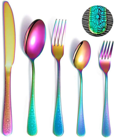 Rainbow Silverware,20 Piece Stainless Steel Flatware Cutlery Set Service for 4,Colorful Unique Pattern Design,Mirror Polish,Dishwasher Safe