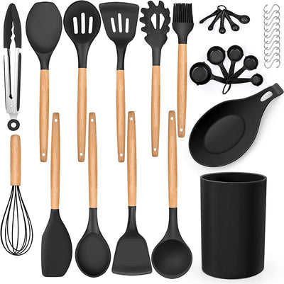 33-Piece Silicone Kitchen Cooking Utensils Set with Holder, Wooden Handle Heat Resistant Cookware Utensils Set, Non-Stick Kitchen Tools for Baking Cooking, Black
