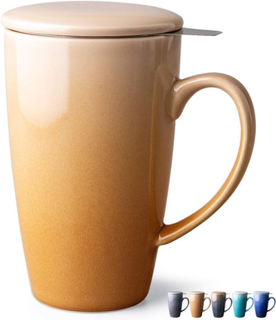 Porcelain Tea Mug with Infuser and Lid, 19 Oz Large Tea Cup with Gift Box, Tea Strainer Cup with Tea Bag Holder for Loose Tea, Tea Steeping Mug, Perfect for Gift or Self-Use- Khaki Gradient