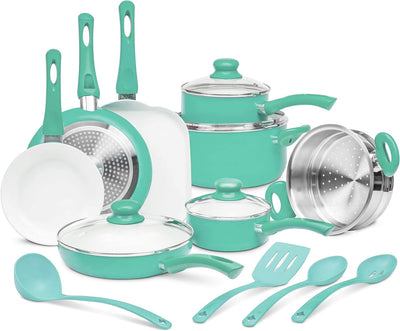 Ceramic Cookware | 16-Piece Nonstick Cookware Set with Induction Base, Softgrip Handles & Clear Glass Lids | Compatible with Induction, Ceramic, Gas, Electric & Halogen Cooktops | Turquoise