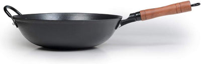 Cast Iron Woks and Stir Fry Pans, No Coating, Induction Suitable, Flat Bottom (32Cm/12.6In)