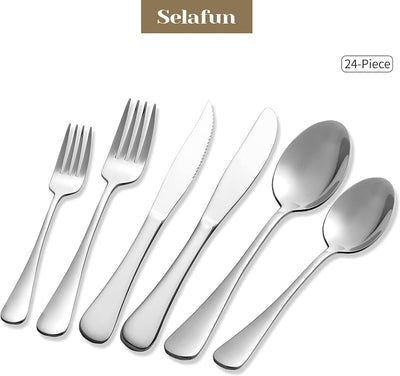 24 Piece Silver Flatware Set.Stainless Steel Silverware Set.Titanium Plating Tableware Cutlery Set. Utensil Set for Kitchens. Dishwasher Safe(Service for 4)