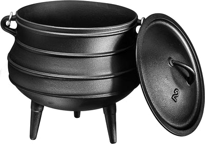 Pre-Seasoned Cast Iron Cauldron | African Potjie Pot with Lid | 3 Legs for Even Heat Distribution - Premium Camping Dutch Oven Cookware for Over-The-Fire Cooking - 8 Quarts (Large)