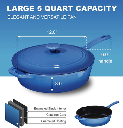 5Qt Blue Enameled Cast Iron Skillets with Lid and Handle, Non Stick Cookware and Grill for Casserole Dish, 5 Quarts Cast Iron Skillets Grill Frying Pan,Saute Pan,Bakeware