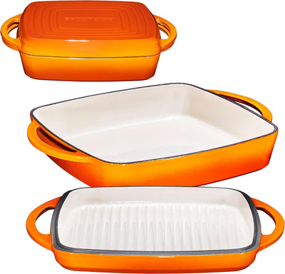 2-In-1 Square Enamel Cast Iron Dutch Oven with Handles, Pumpkin Spice Cast Iron Skillet, Enamel All-In-One Cookware Set, Braising Pan for Casserole Dish, Crock Pot Covered with Cast Iron