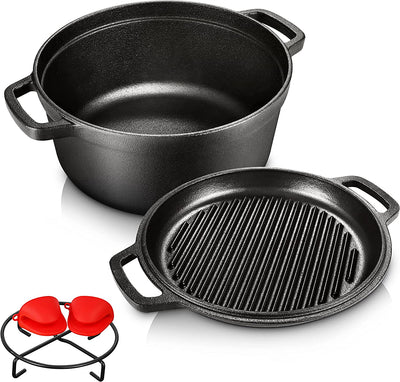 Pre-Seasoned Cast Iron 2-In-1 Heavy-Duty 5.5Qt Dutch Oven with Skillet Lid Set, Oven,Grill, Stove Top, BBQ and Induction Safe