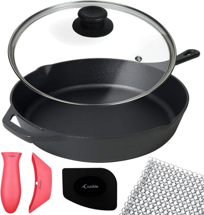 10.25-Inch Cast Iron Skillet Set (Pre-Seasoned), Including Large & Assist Silicone Hot Handle Holders , Glass Lid , Cast Iron Cleaner Chainmail Scrubber , Scraper | Indoor & Outdoor Use