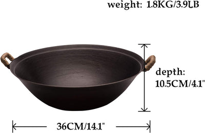 Zhensanhuan Handmade Cast Iron Wok No Coating No Painting Healthy, Flat Bottom, Induction Suitable (36CM (14.2Inches))