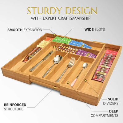 Signature Living Bamboo Expandable Utensil Drawer Organizer, Premium Bamboo for Cutlery, Flatware, Silverware - Drawer Dividers for Easy Storage