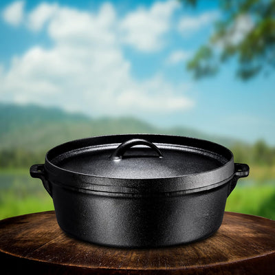 Pre-Seasoned Cast Iron Dutch Oven with Flanged Lid Iron Cover, for Campfire or Fireplace Cooking Pre-Seasoned Camping Cookware Flat Bottom 6 Quart- Black