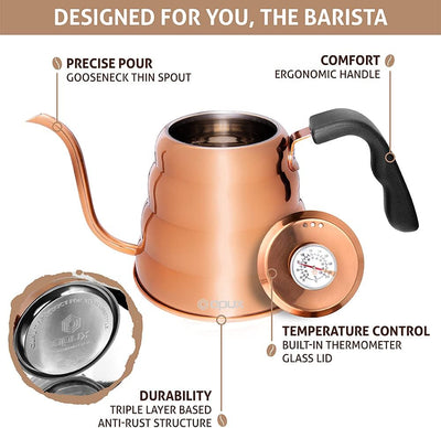 Pour over Coffee Kettle with Gooseneck | Stainless Steel Coffee Tea Kettle with Thermometer 40 Oz, Stovetop Induction Goose Necked Kettle Slow Pour Drip Spout (1.2 Liter, 40 Fl Oz) Copper