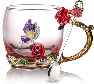 Tea Cup Glass Coffee Mugs Enamel Rose Flower Butterfly Drinking Cups with Spoon Set Unique Gifts for Birthday Wedding Christmas Red Rose Mug 12Oz