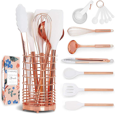 White Silicone & Copper Kitchen Utensils Set with Holder - 17 PC Rose Gold Kitchen Utensils Set Includes White & Copper Measuring Cups and Spoons & Copper Utensil Holder - Copper Kitchen Accessories