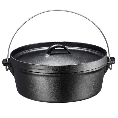 Pre-Seasoned Cast Iron Dutch Oven with Flanged Lid Iron Cover, for Campfire or Fireplace Cooking Pre-Seasoned Camping Cookware Flat Bottom 6 Quart- Black