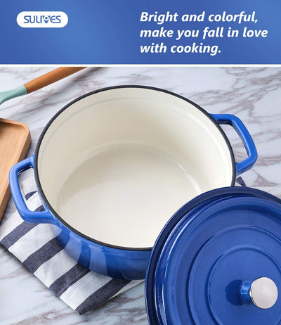 6 Quart White Enameled Cast Iron Dutch Oven with Lid Bread Baking Pot Use on Gas Electric Oven for 6-8 People(Dark Blue)