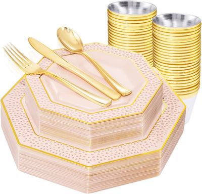 SUT 150 PCS Easter Pink Plastic Plates, Gold Disposable Silverware, Pink Plastic Dinnerware Sets Includes: 25 Dinner Plates, 25 Dessert Plates, 25 Cutlery Sets, 25 Cups, for Party & Shower