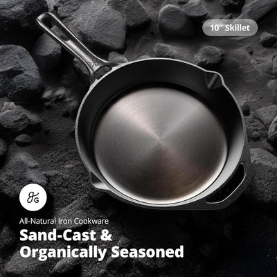 Cast Iron Skillet 10-Inch Pan, Cook like a Pro with Smooth Milled, Organically Pre-Seasoned Skillet Surface, Designed in St. Louis