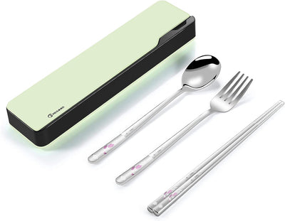 Reusable Utensils Set with Case,Spoon Fork Chopsticks Cutlery,Color Laser Engraving Pattern (Green)
